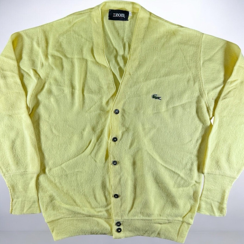 Vintage 70s 80s‎ Izod Lacoste Yellow Cardigan Sweater Button Up V-Neck Knit Sz L